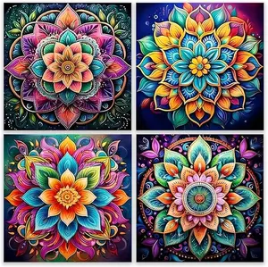 Colorful Mandala Flower Diamond Painting Kit - 4-Pack Bohemian Floral Rhinestone Art, Full Drill DIY Craft for Wall Decor
