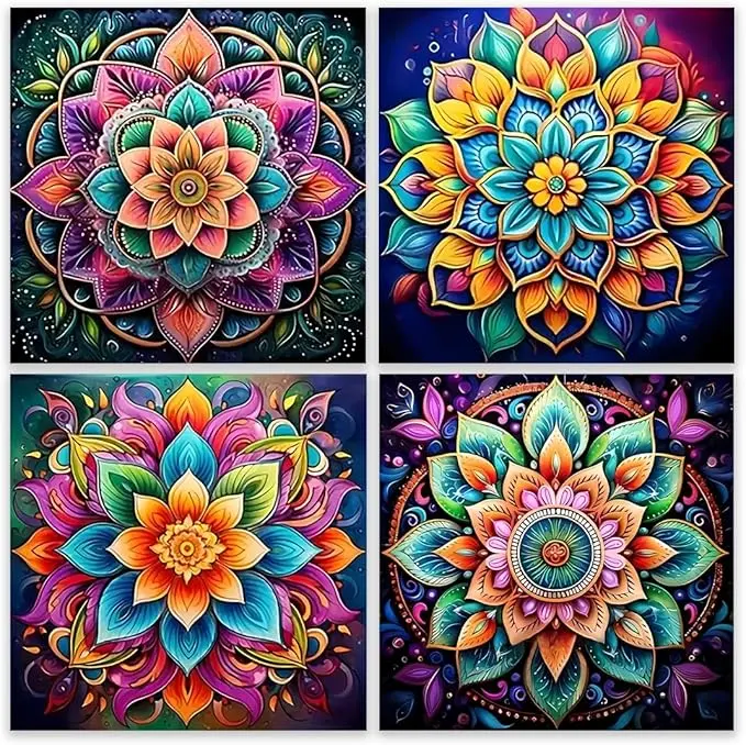 Colorful Mandala Flower Diamond Painting Kit - 4-Pack Bohemian Floral Rhinestone Art, Full Drill DIY Craft for Wall Decor