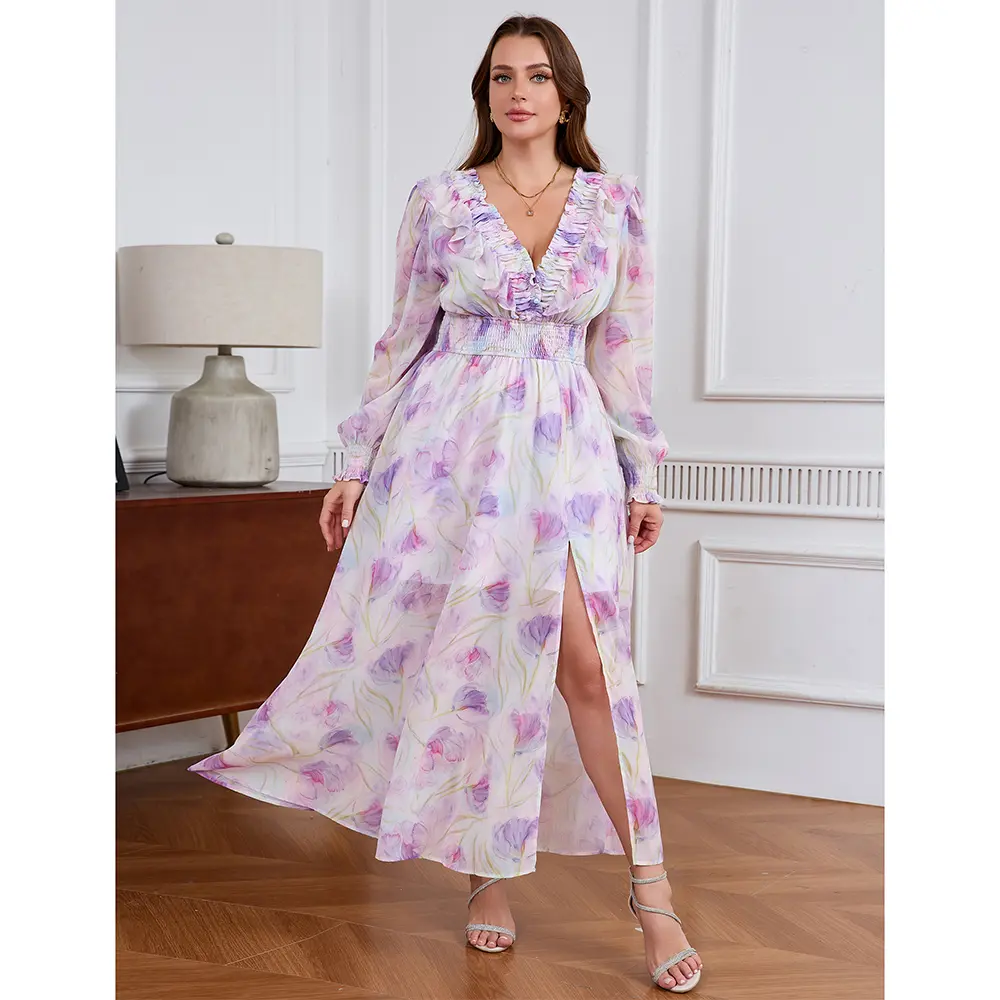 EYWOL Plus Size Curvy Boho Maxi Dress - All Over Print Deep V Neck Long  Sleeve, Slit