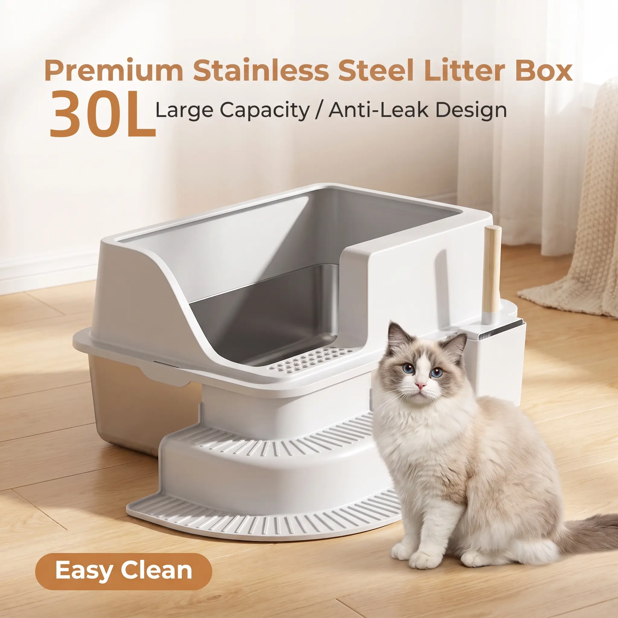 30L Stainless Steel Cat Litter Box, Non-Stick Stainless Steel Litter Box Cat Litter Box with non-stick bottom, Open Top High-Sided Metal Litter Box with Scoop, Low Step Design for Senior & Short Leg Cats,Cat Litter Box for Multi-Cats, Easy-Clean & Durable