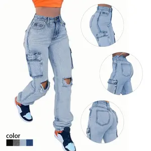 Trendy Women's High - Waisted Distressed Cargo Jeans - Light Wash - Utility Pockets