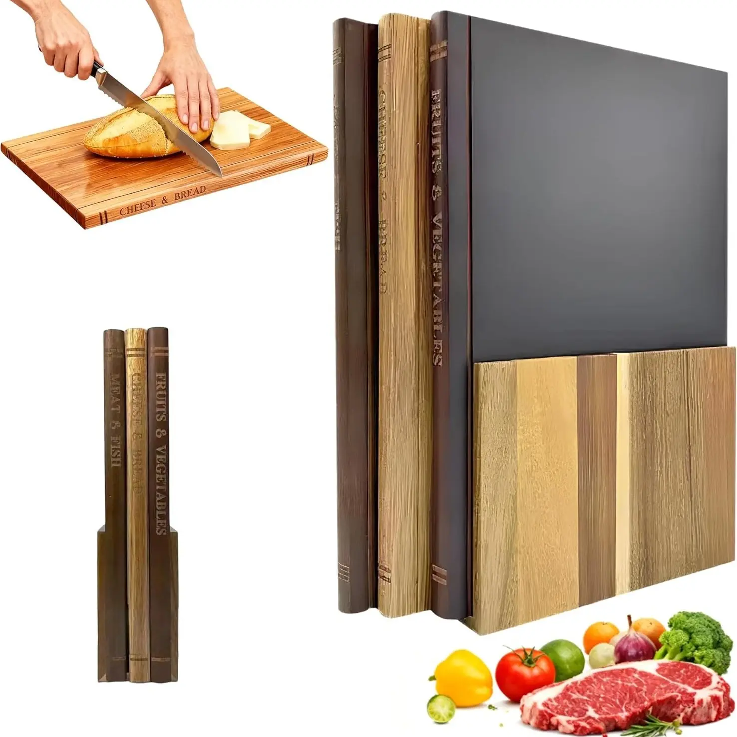 Book-Shaped Wooden Cutting Board Set, Includes 3 Boards & Base, Ideal for Cutting Vegetables, Cheese, Bread & Meat, Decorative Kitchen Gift Set, Wooden Chopping Board