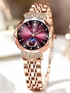 Women's Elegant Rhinestone Decor Luminous Quartz Watch, Exquisite Trendy Waterproof Round Dial Wristwatch, Fashionable Watch for Women As Gift with Box, National Day Offers, Rhinestone Decorated Watch