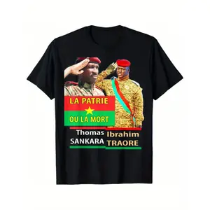 Burkina Faso Flag Commemorative T-Shirt - Men's Casual Cotton Hoodie with THOMAS Sankara & Ibrahim Traore Design, Short Sleeve, Round Neck, All-Season Wear, Black