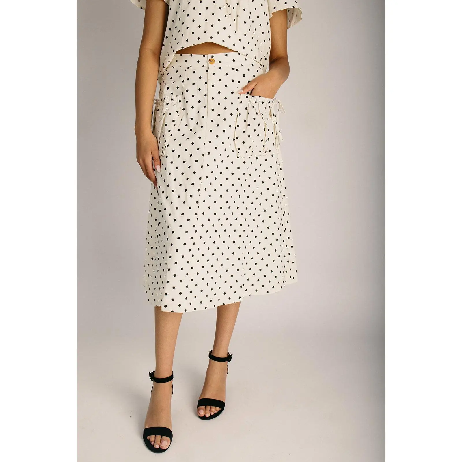 The Hamlet Cargo Polka Dot Midi Skirt in Cream