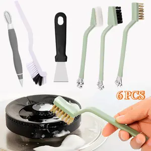 6 Pack Kitchen Cleaning Brush Set, Deep Clean Gas Stove Brass Brush, Kitchen Sink Nylon Brushes, Cooktop Scraper, Stiff Bristles Rust Removing and Dust, Scrubber Brush for Range Hood Grease Grime