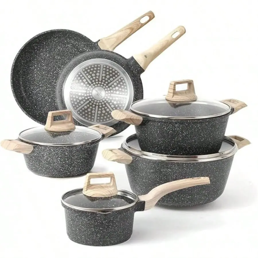 Nonstick Granite Cookware Sets 6Pcs Stone Non Stick Frying Pan Set Pots Pans Set Granite Induction Cookware 6PC with Glass Lids & Comfort Grip Handles for Easy Cooking
