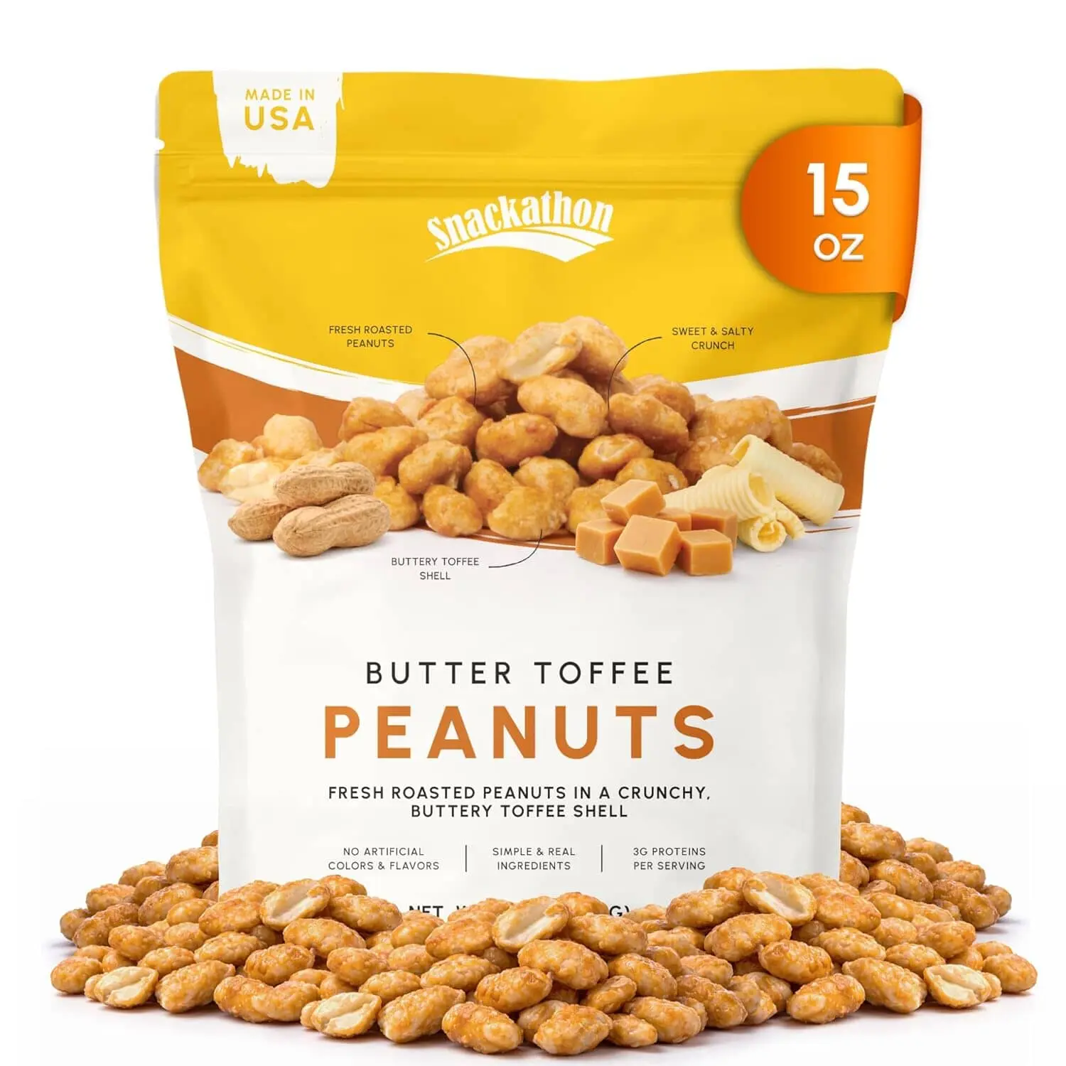 Snackathon Butter Toffee Peanuts, Made in USA, All-Natural Fresh Roasted Nuts Coated in a Crunchy Buttery Toffee Shell, Gourmet Sweet & Salty Snack