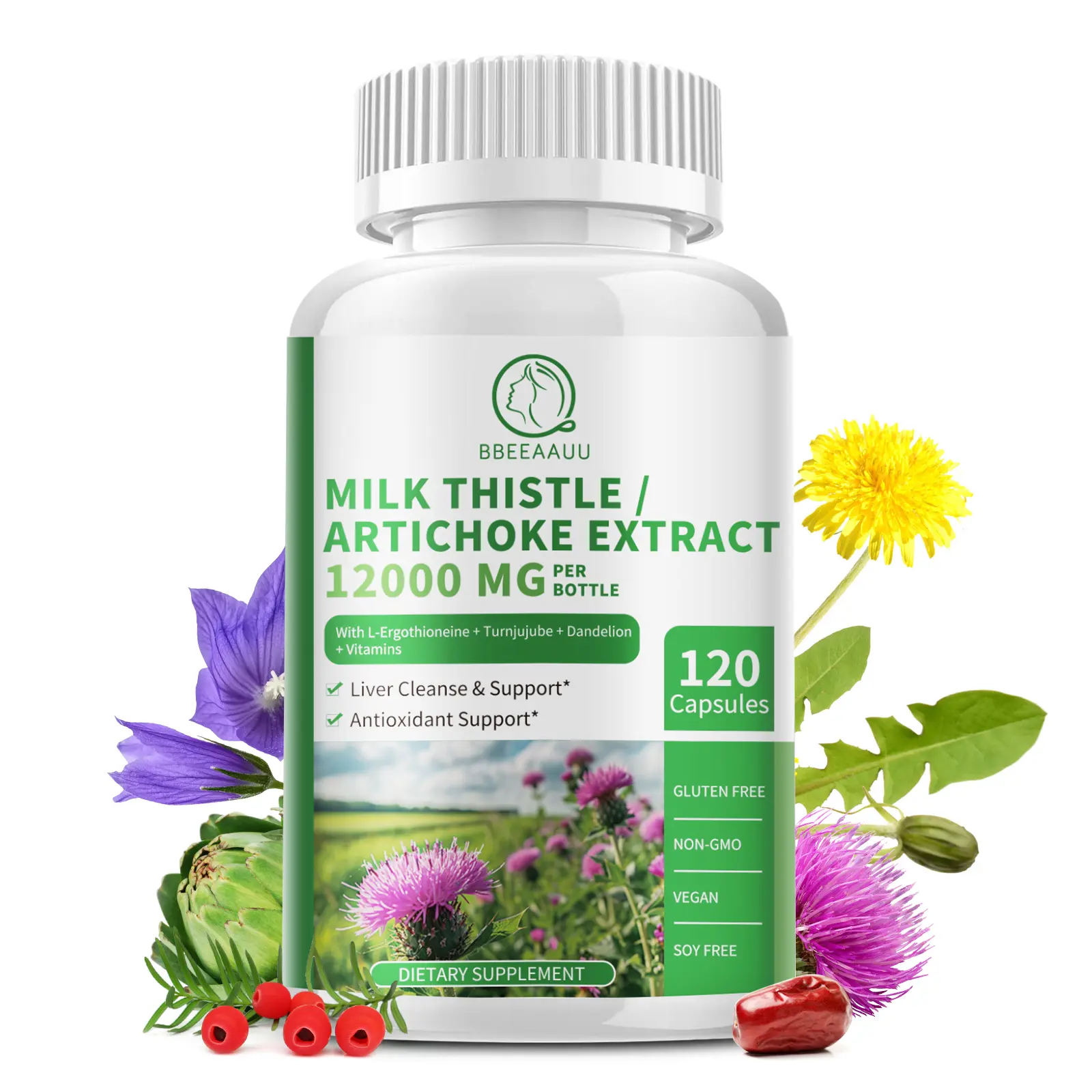 BBEEAAUU Milk Thistle Supplement 12000mg Liver Cleanse Detox & Repair Formula 16-in-1 Herbal Liver Support Pill 120 Capsules Non-GMO Soy-Free