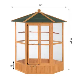 Large Wooden Hexagonal 69" Outdoor Aviary Flight Bird Cage With Covered Roof, Brown