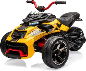 【Christmas Gift】Yellow 12V 3 Wheeler Kids Electric Ride on Truck & ATV Motorcycle, 2x55W Motor, 7MPH, 2 Speeds, LED Lights, Music, USB, Horn, EVA & Treaded Tires, Battery Powered Toy Vehicle Gift for Boy Girl