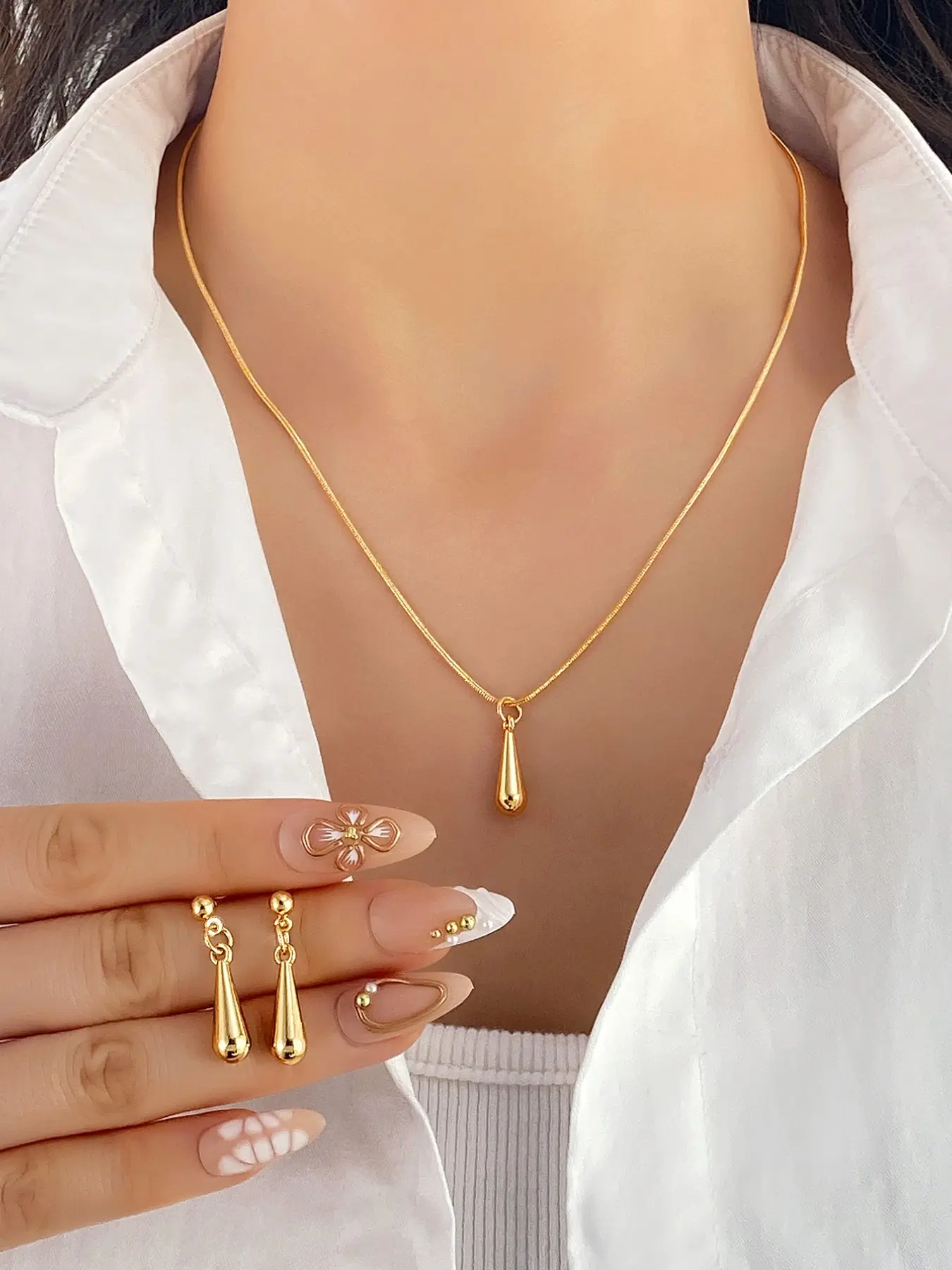 Women's Water Drop Metal Earrings Necklace Matching Jewelry Set, Casual Simple Daily Jewelry Accessories, Elegant Design for Women & Girls, Teardrop Jewelry Set