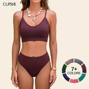 CUPSHE Cocoa Hour Brown Bikini Set Adjustable Straps Mid-Rise Swimsuit with Tummy Smoothing Classic Coverage Bathing suit #tiktokshopmemorialday