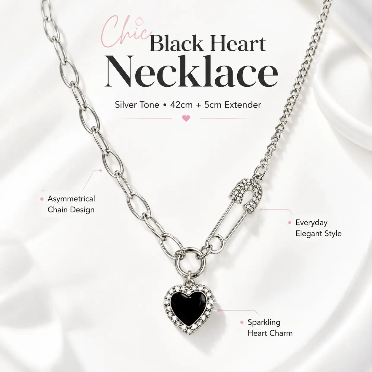 Women's Rhinestone Black Heart Pendant Necklace - 42cm Edgy Chain Link Jewelry with Safety Pin Detail, Adjustable Clasp, Edgy Look, Trendy Stylish Casual Wear Gift, Heart Necklaces