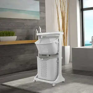 2-Layer Roller Laundry Basket Trolley Detachable Storage Containers Plastic Basket with 4 One Wheels White