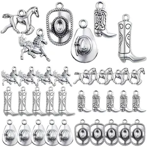 60pcs Antique Silver Western Cowboy Pendant Charms Alloy Mixed Western Horse Boot Hat Dangle Pendants for DIY Bracelet Necklace Jewelry Making Father's Day Gift, 6 Styles