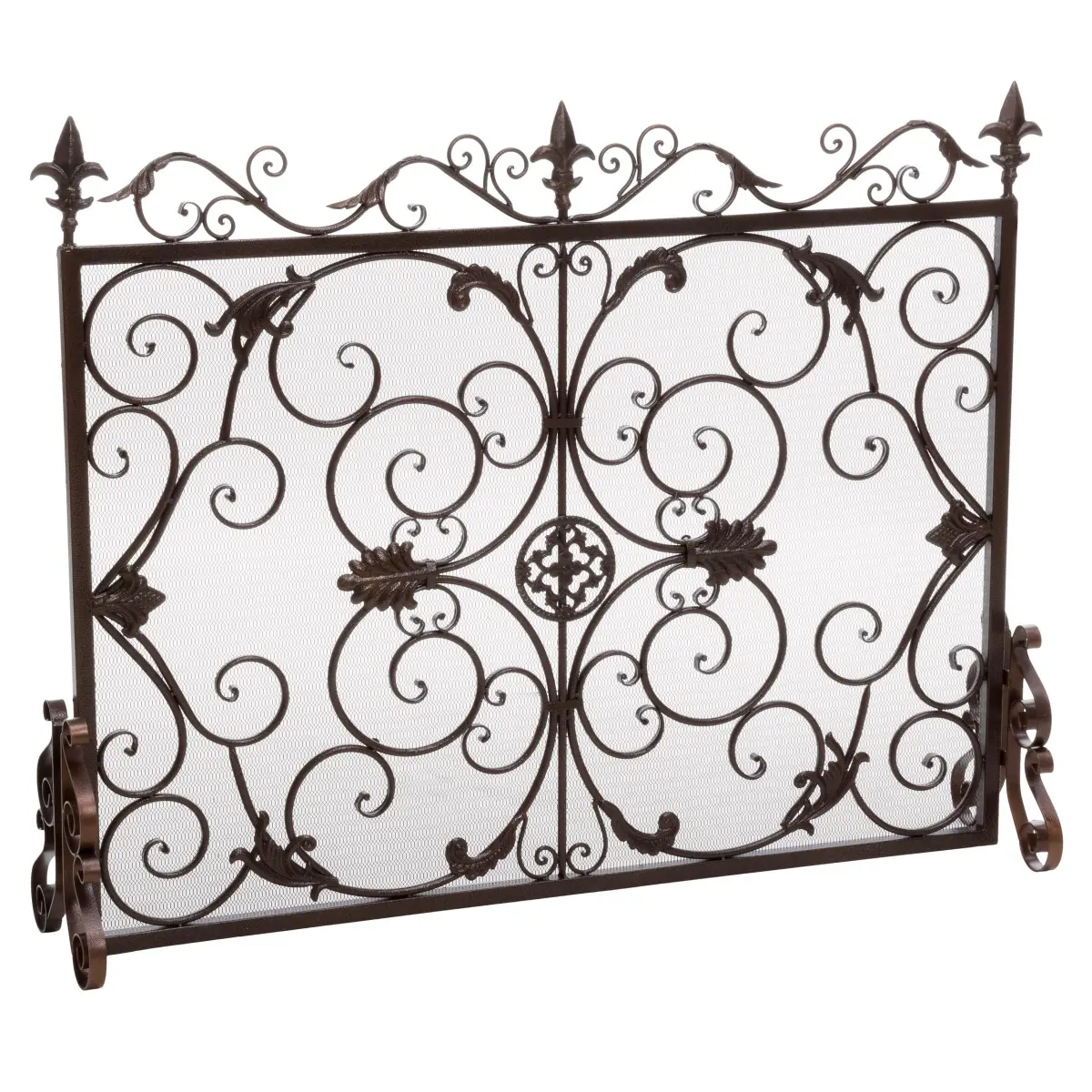Darcie Wrought Iron Fireplace Screen (44in-35.5in) - Antique Victorian Ornate Decorative Fire Screen, Durable Powder Coated Black & Copper Brown Finish, Floral Gold/Silver Ornaments, Refined Look for Festive Home Decor