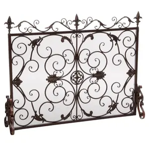 Darcie Wrought Iron Fireplace Screen (44in-35.5in) - Antique Victorian Ornate Decorative Fire Screen, Gold/Silver Flower Ornaments, Black & Copper Brown Finish for Decorated Fireplace Decor, Victorian Festive Decorations