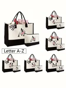 Tote Bag Comes And A Makeup Bag With Initials Floral Print, Present Bag, Suitable For Wedding, Birthday, Beach, Holiday, For Mom, Teachers, Friends, Student, Simple Large-Capacity Handbag, Portable Casual Storage Tote, Personal Item Bag