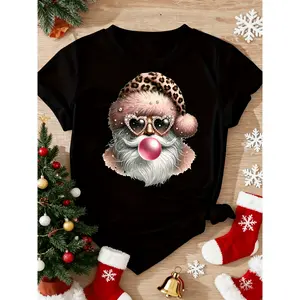 Festive Women's Casual Santa Bubble Blowing Graphic Tee Polyester Knit Crew Neck Short Sleeve All Season Perfect Christmas Gift
