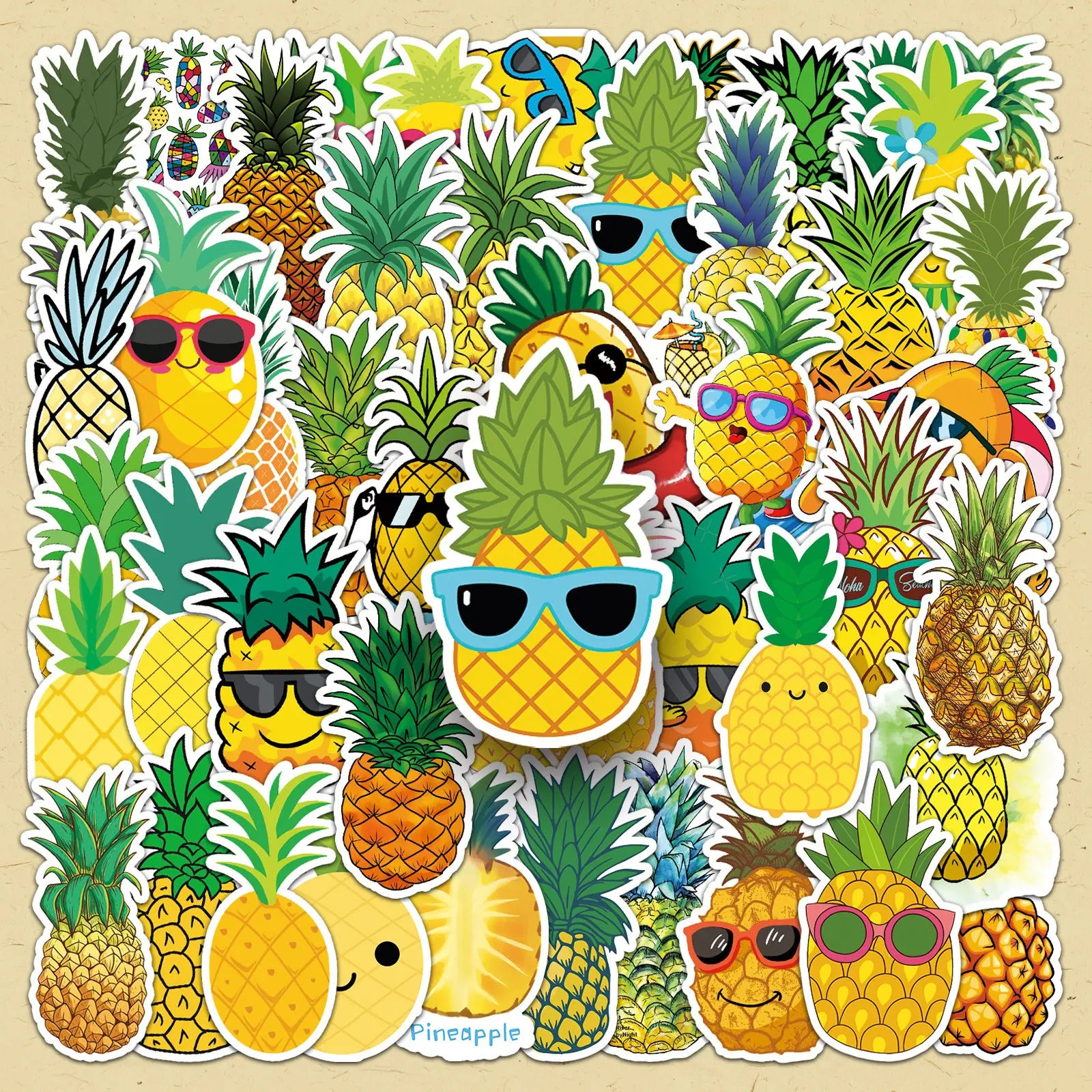 Pineapple Pattern Sticker, 50pcs/set Cute Fun Stickers Aesthetic Cartoon Fruit Decal Sticker, DIY Decorative Sticker Collage Pack for Scrapbooking, Journaling, Gift Wrapping