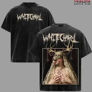 Whitechapel Deathcore Band Vintage Washed T-Shirt, Skull Antler Horror Graphic Tee, Metal Music Streetwear Shirt, Gothic Dark Art Oversized Unisex Tee IW6