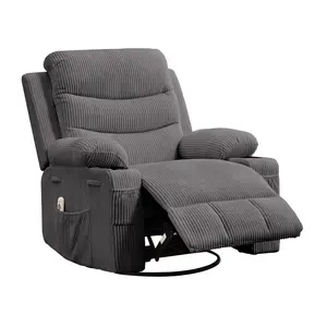 Recliner Chair with Massage and Heat,360°Swivel Oversized Recliner Single Corduroy Sofa Seat,Adult Rocking Chair Reclining Sofa with Cup Holder and Pockets for Living Room,Gray