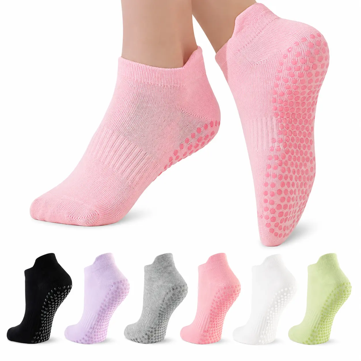6 Pairs Pilates Socks for Women | Non-Slip Grip Yoga Crew Socks, Grippy Barre, Ballet, Dance, Workout, Studio & Hospital Socks