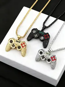 Hip Hop Black Gold Plated Crystal Game Controller Pendant Necklace For Men Boys Jewelry Birthday Gifts