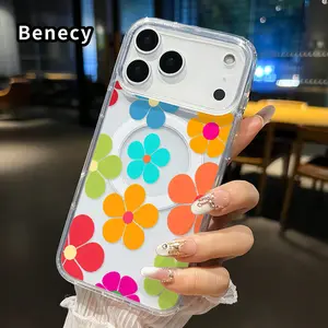 Magnetic Case for iPhone 17 16  Pro Max Plus 15 14 13 12 11 Air E Colorful Blooms  Pattern Acrylic Back Silicone Edges Waterproof Mobile Phone Cover