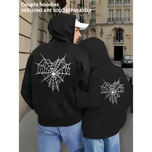 [Creative Couple Hoodies] Creative Heart-Shaped Spider Web Print Fashion Couple Hoodies, Autumn and Winter Drawstring Casual Hooded Zipper Sweatshirts Women