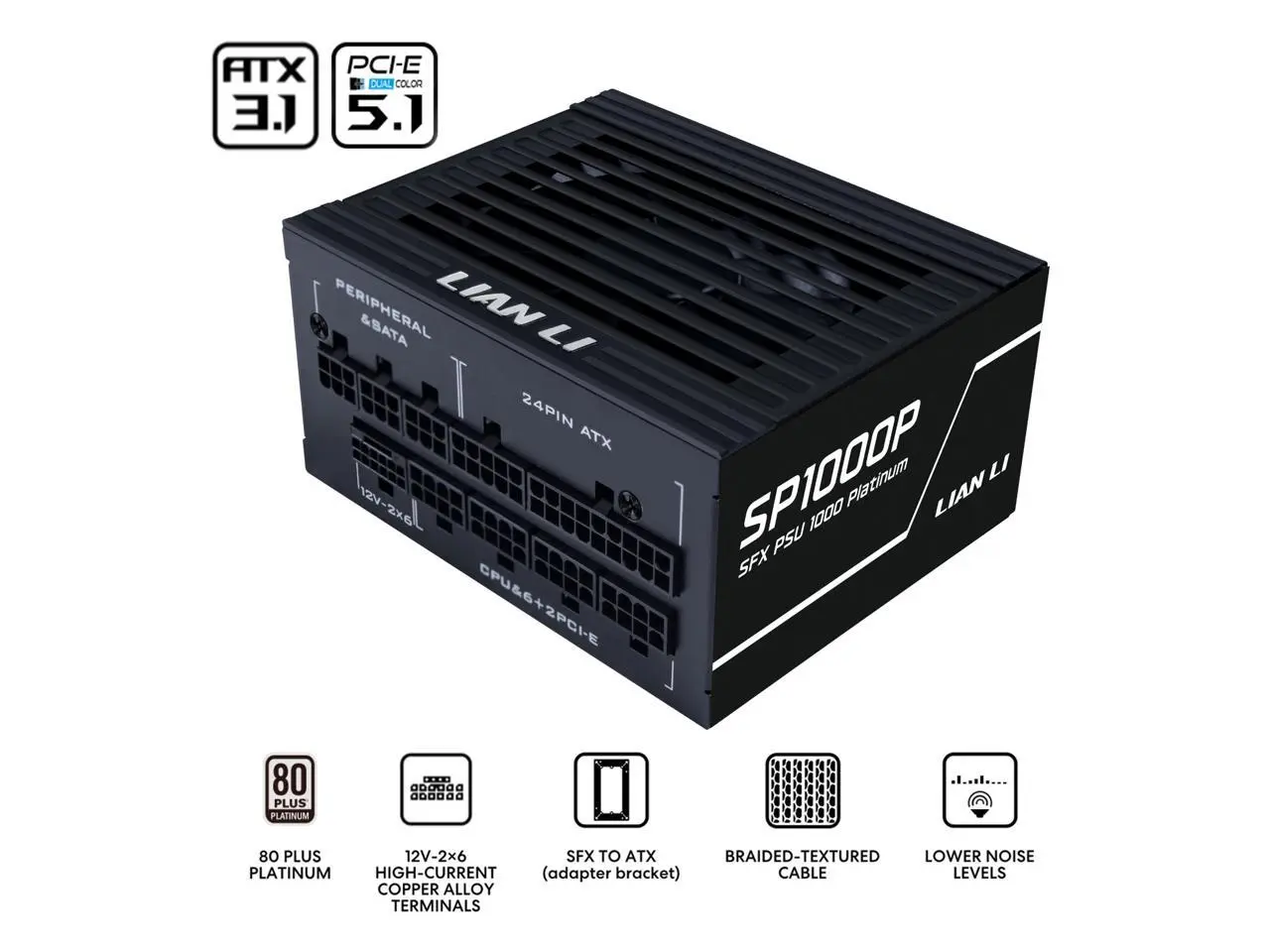Lian Li SP Platinum 1000W SFX Form Factor Power Supply with 12V-2x6 Connectors - ATX 3.1 & PCIE 5.1 Compliant - Low-Noise - Fully Modular - 105°C Capacitors - 10 Year Warranty - Black (SP1000P.B)