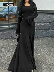 Women's Plain Lace Up Flounce Sleeve Dress, Casual Round Neck Long Sleeve Maxi Dress for Spring & Fall, Women's Clothing for Daily Wear, Classy Modest Dresses, Modest Style Dress, Modest Solid Color, Modest Clothes