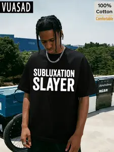 100% Cotton Casual Subluxation Slayer Letter Print T-Shirt, Short Sleeve Loose-Fitting Top, No Zipper, Without Collar