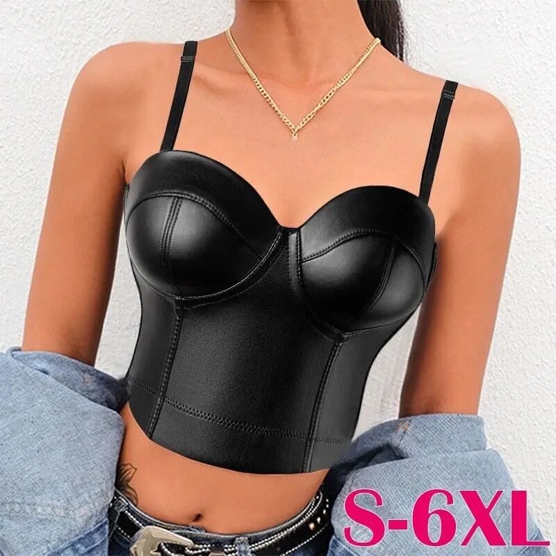 Women's Sexy Faux Leather Bustier Crop Top, Gothic Push Up Corset with Boning, Minimalist Sleeveless Garment with Adjustable Straps for Party Costume, Fashion, Spaghetti Strap, Fit