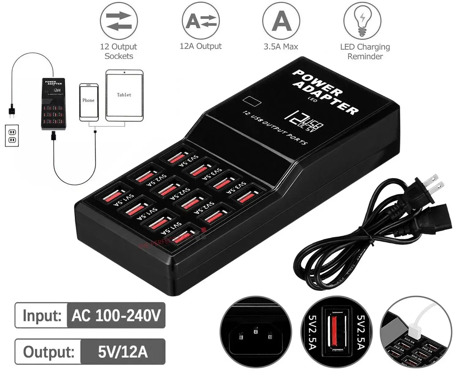 Multi 12 Port USB Charging Station Hub Desktop Wall Cell Phone Charger Organizer