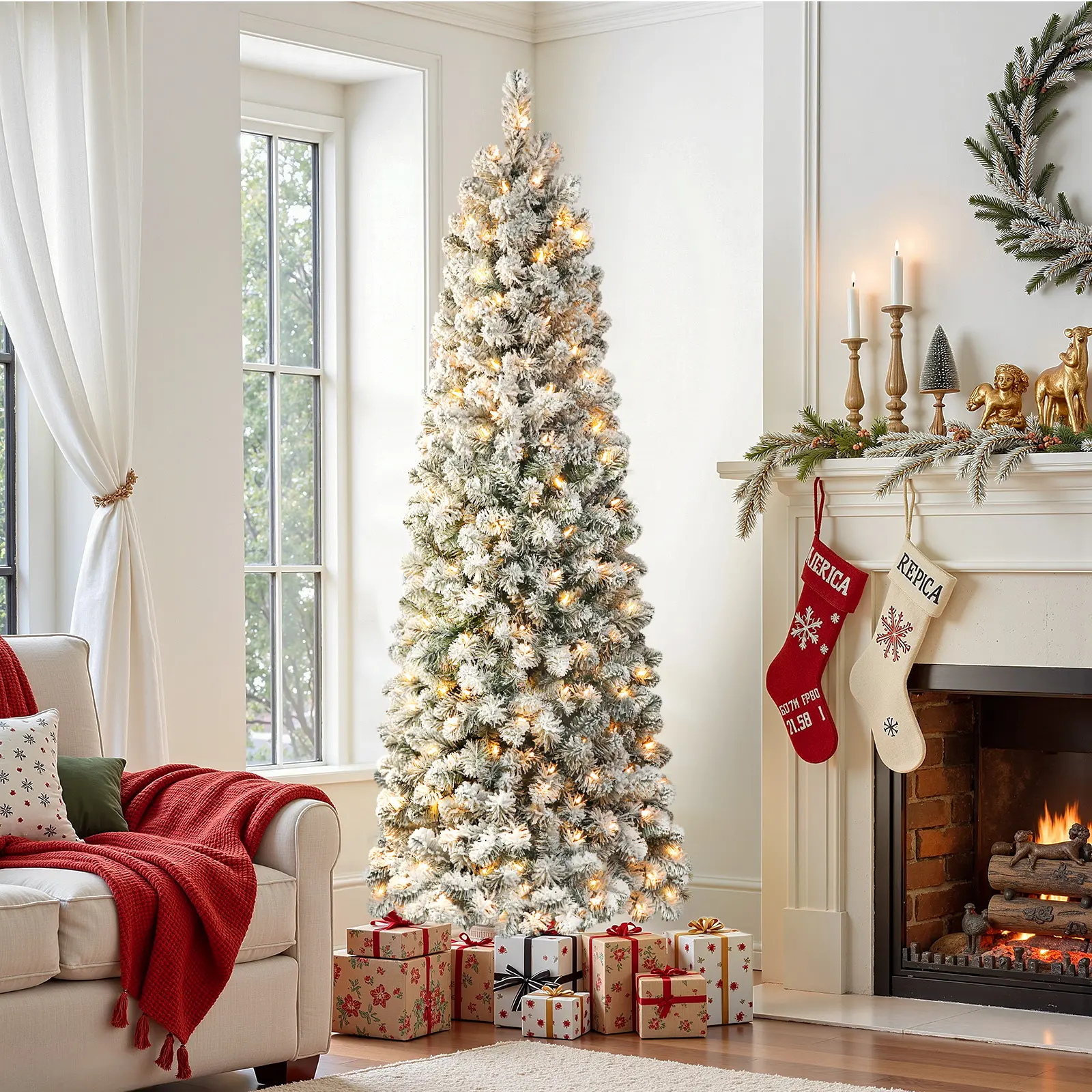 2026 4/5/6/7.5/9FT Pre-Lit Snow Flocked Slim Artificial Christmas Tree – Warm White Christmas Lights, Dense Branches, Perfect for Christmas Decorations & Gifts