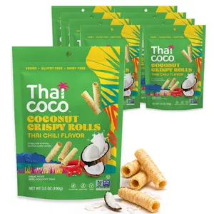 Thai Coco Thai Chili Crispy Coconut Rolls 8 Bag (3.5 oz) - Organic Tropical Snack, Vegan, Gluten-Free, Dairy-Free, Non-GMO, Light Fluffy Healthy Snack