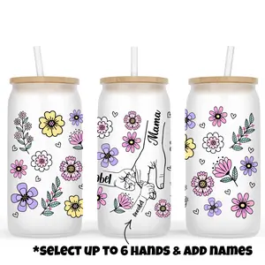 Mama Hands(Select up to 6 Hands & Add Names) Frosted Glass Cup With Bamboo Lid and Reusable Straw. Sizes 16oz or 20oz Available.