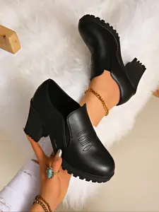 Women's Casual Slip-On Mid-Calf Boots, PU Leather Round Toe, Rubber Sole, Spring & Fall Fashion, Comfortable Ankle Booties