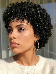 pixie wig natural black color pixie cut human hair wigs short kinky curly  150% Denisty for women daily party cosplay use wig machine made