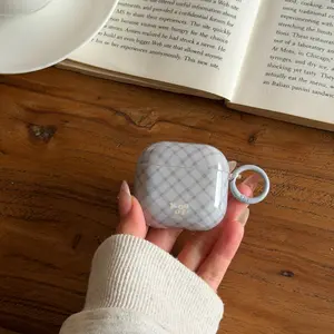 Elegant Blue Plaid Full-Cover Earphone Case + Keychain Holder, Earbud, Headphones, Electronic, Compatible AirPods Gen 4/3 Pro/pro2/gen 2/gen 1, Durable & Secure Closure