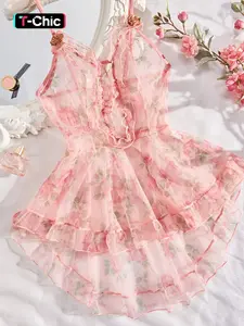 Women's Floral Print Ruffle Sheer Lace Cami Nightdress, Summer Clothes Women, Elegant Romantic Flowers Decor High Low Hem Nightgown for Daily Wear, Ladies Summer Clothes, Nightwear