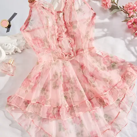 Women's Floral Print Ruffle Sheer Lace Cami Nightgown, High-Low Hem Breathable Sleep Dress for Summer Daily Wear