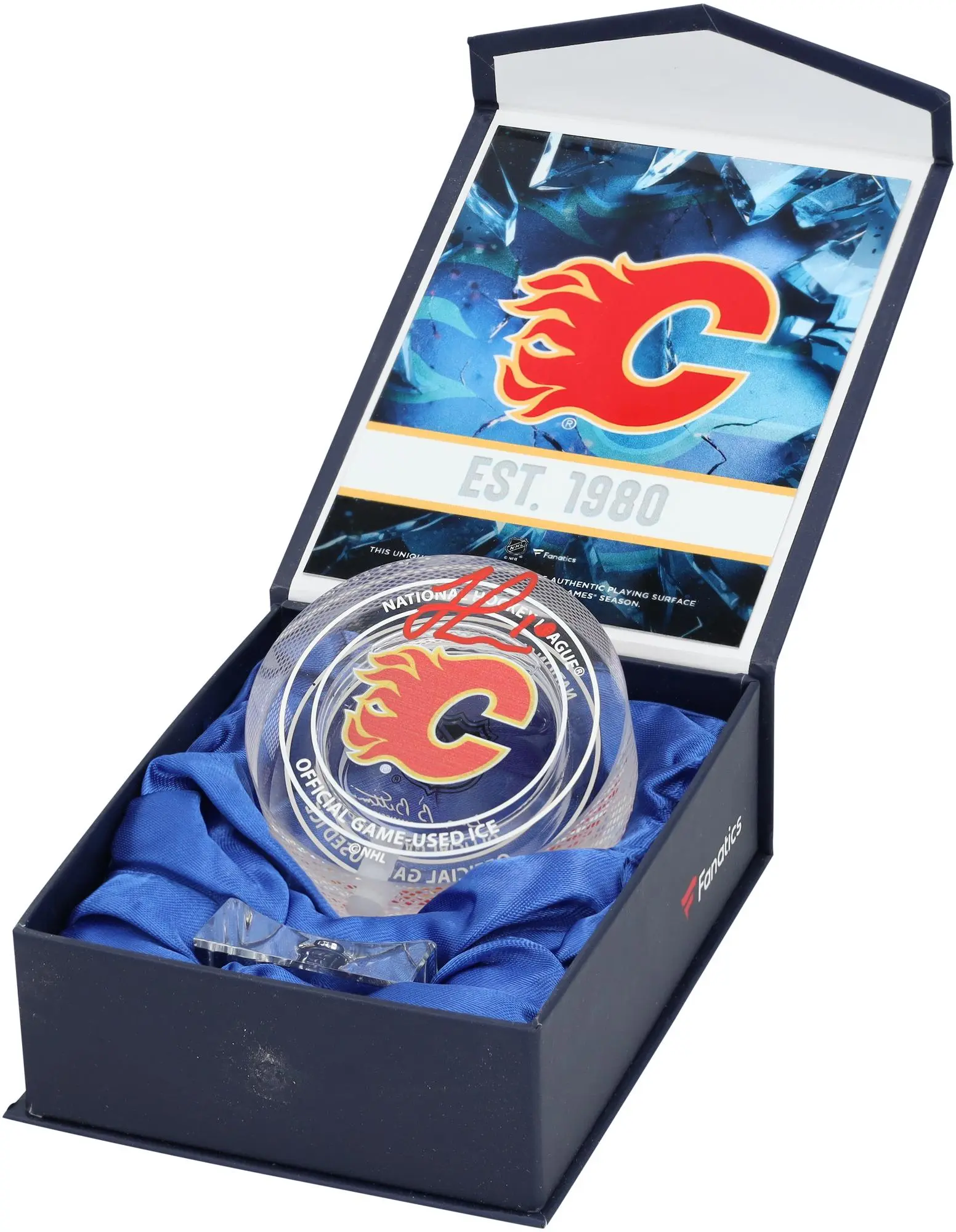 Jonathan Huberdeau Calgary Flames Autographed Crystal Puck - Filled with Ice from the 2024-25 Season - Fanatics Authentic Certified