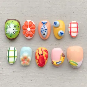A37 Beach Snack Vibes Press-On Nails, 3D Fruit and Ocean Mix Design with Lobster and Fish Detail, Bright Summer Look, Vacation Nails, Gift for Her