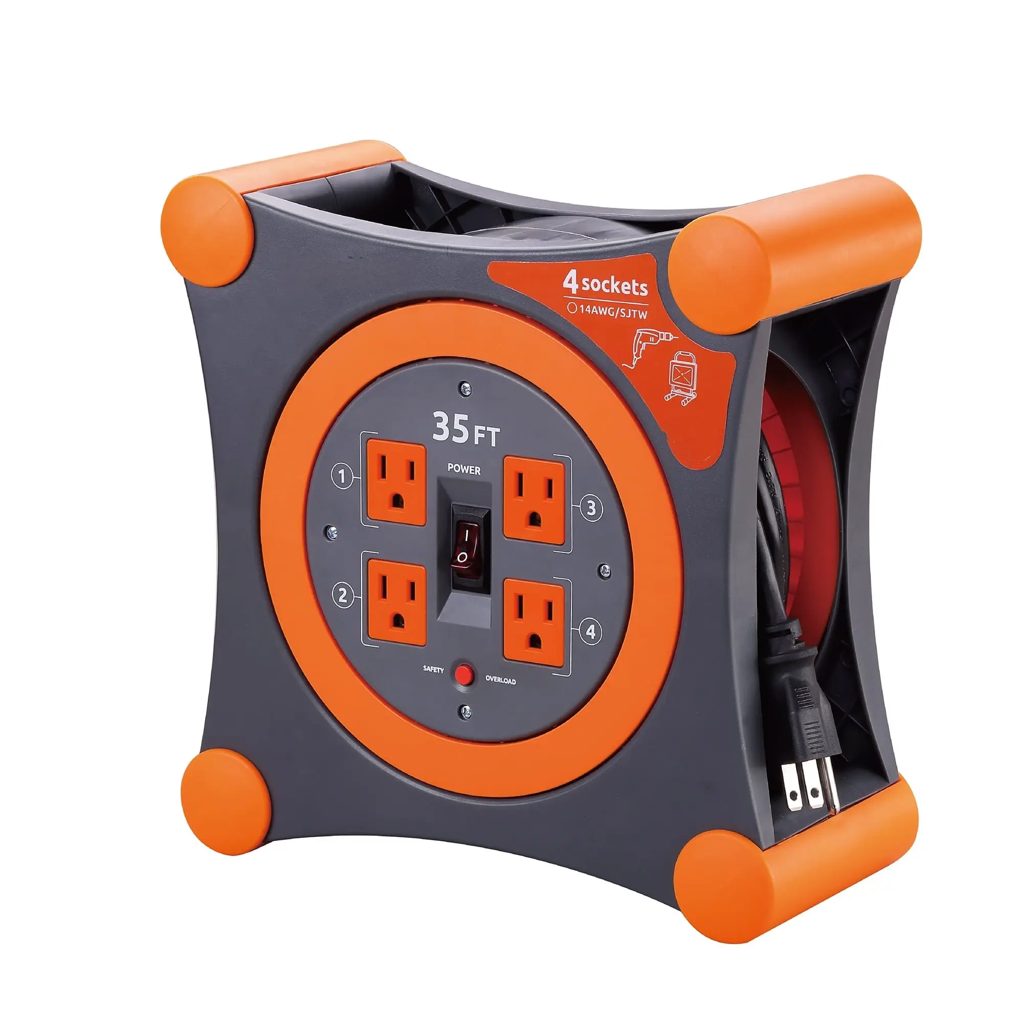 35 Ft Retractable Extension Cord Reel, 4 Grounded Outlets, Built-In Circuit Breaker for Electronics Power Accessory Needs