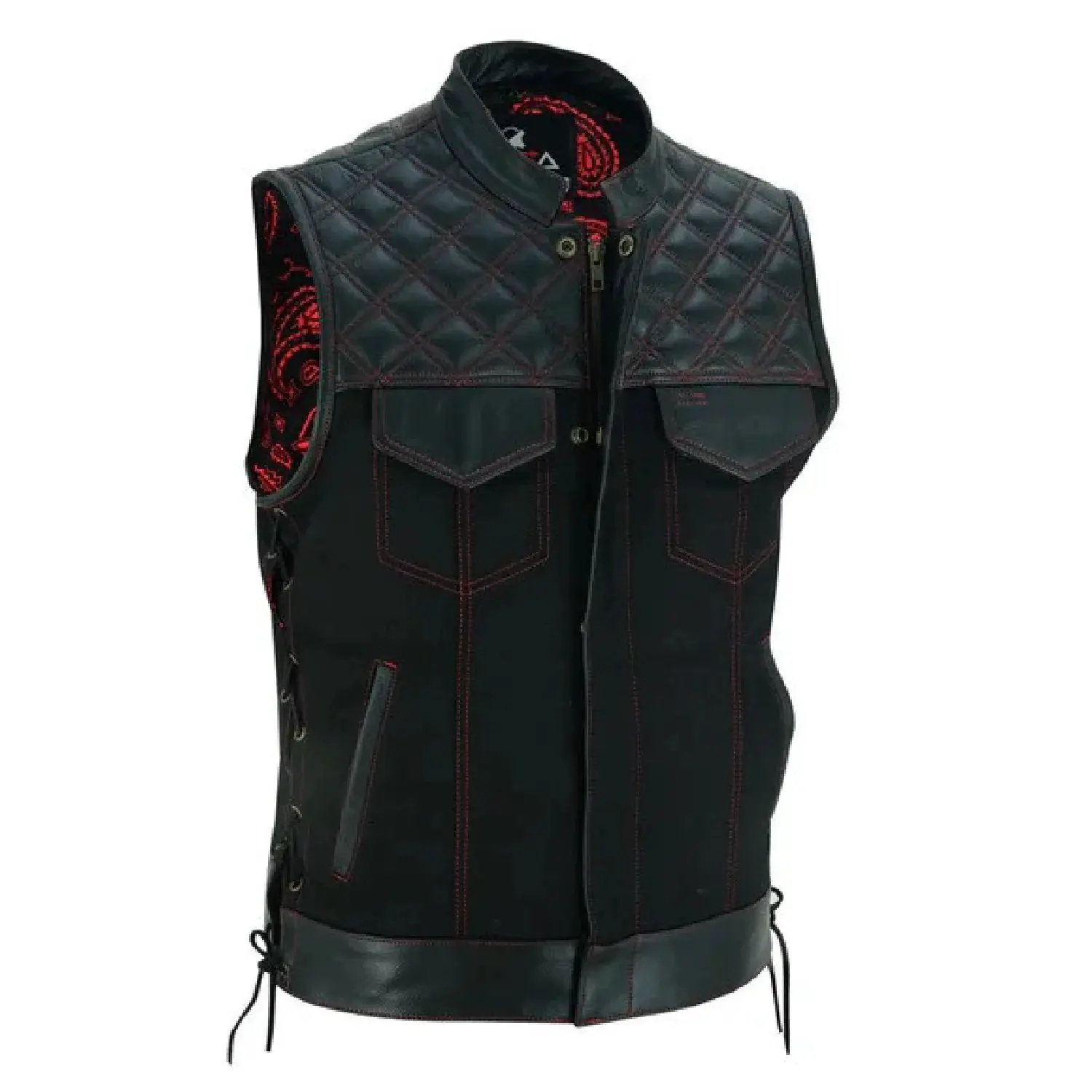 Men’s Quilted Denim & Leather Motorcycle Vest – Diamond Stitch Biker Vest with Side Laces, Dual Closure & Concealed Carry Pockets