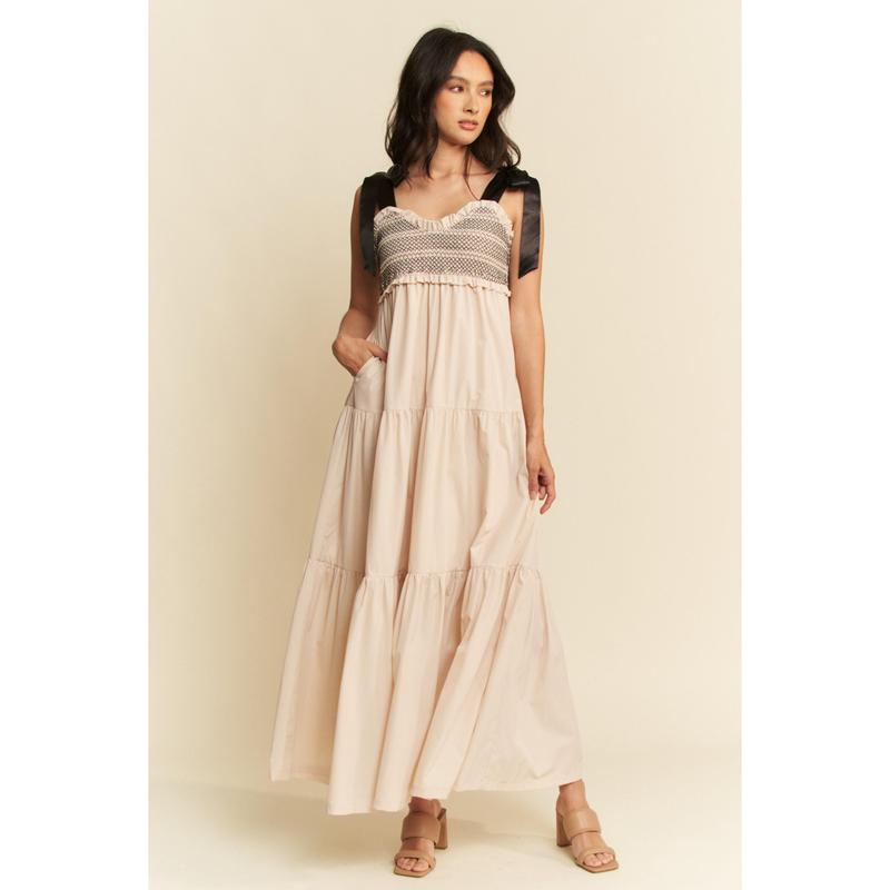 Davi & Dani Multi Contrast Smocked Bodice Straps Maxi Dress