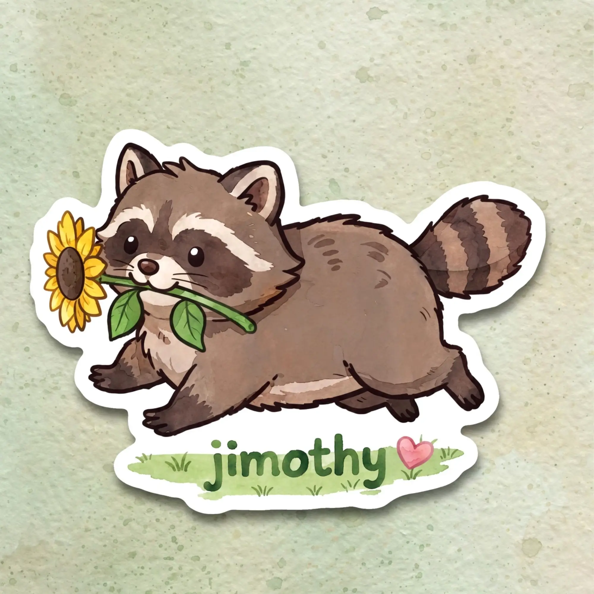Cute Jimothy Raccoon Sunflower Die-Cut Kawaii Animal Vinyl Sticker for Laptop, Water Bottle